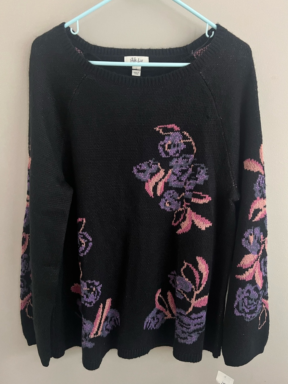 Style & Co. Black Floral Crewneck Sweater - Pink & Purple